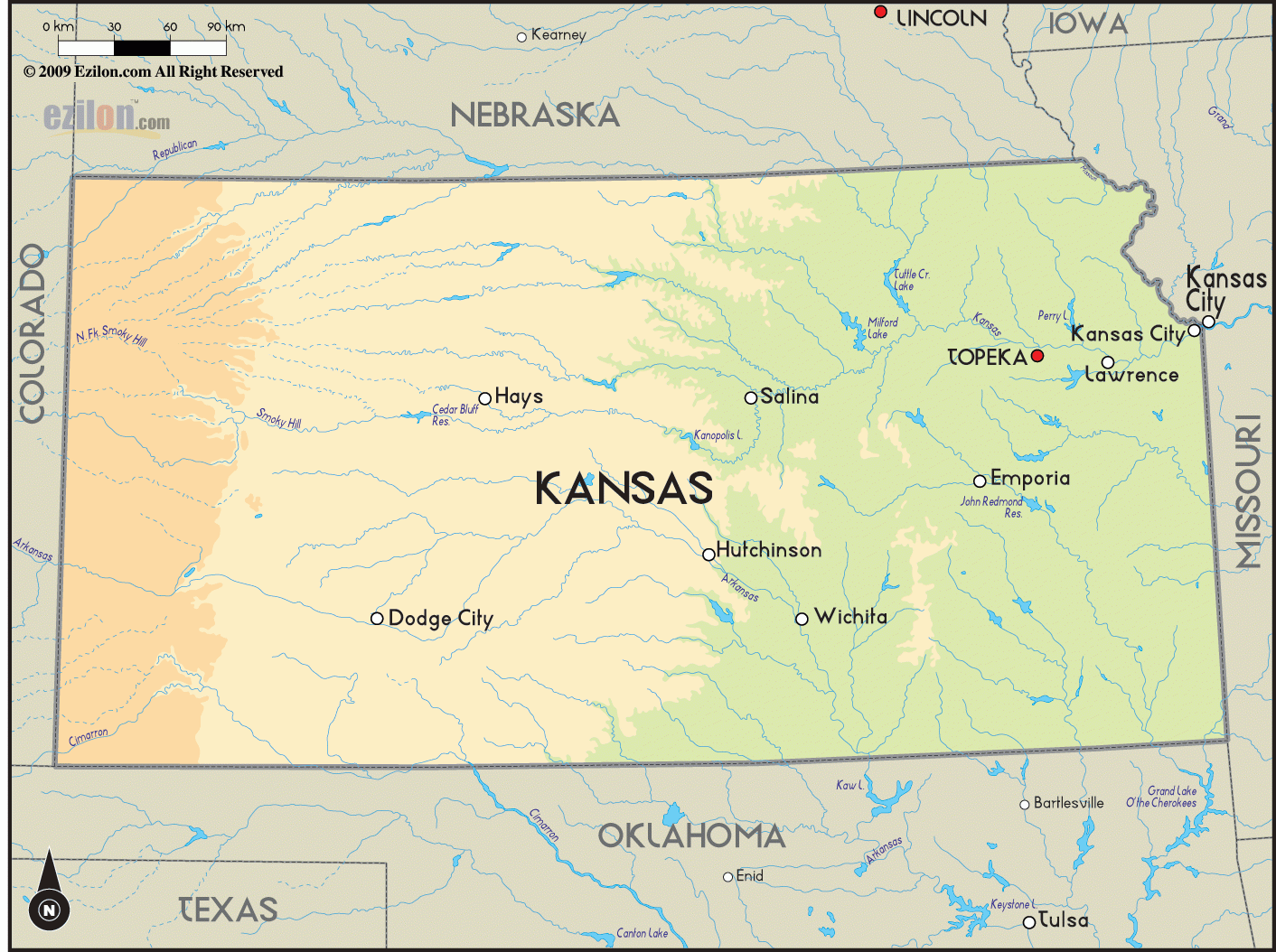 Geographical Map Of Kansas And Kansas Geographical Maps