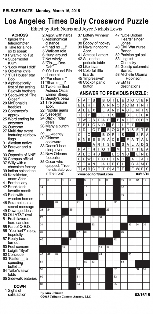 Sample Of Los Angeles Times Sunday Crossword Puzzle Tribune 