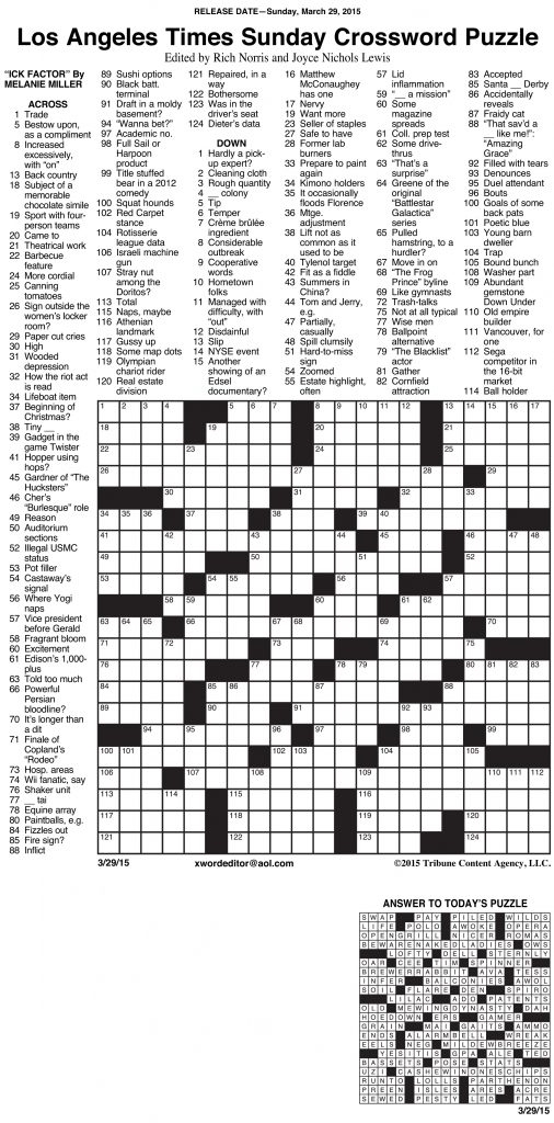 Sample Of Los Angeles Times Sunday Crossword Puzzle Tribune